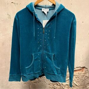 Vintage Y2K Teal Blue Fleece Velvet Zip Rhinestone Studded Track Suit Jacket L